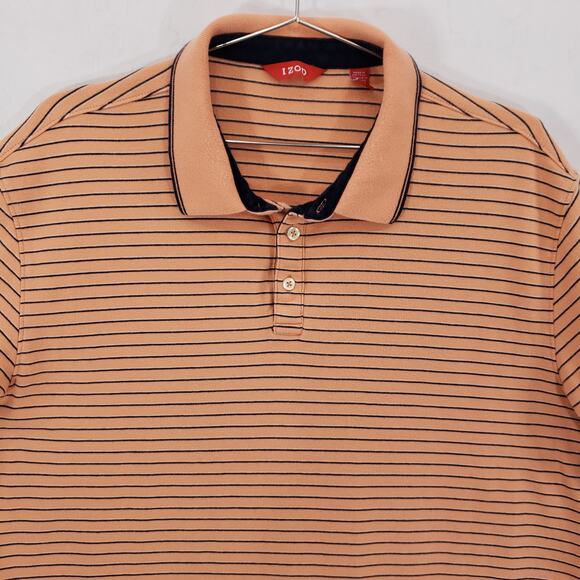 IZOD Polo Mens Extra Large Peach Navy Striped Short Sleeve Casual Preppy Shirt - Picture 2 of 11